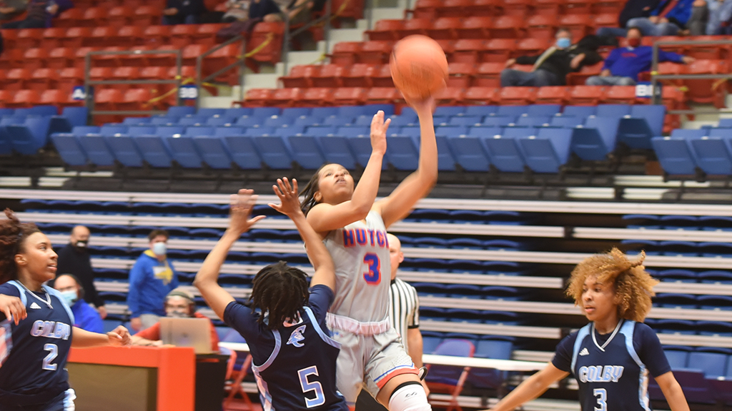 Kalyn Ervin goes up to score two of her career-high 22 points in the No. 20 Blue Dragon women's 85-65 Jayhawk West-clinching victory over Colby on Wednesday at the Sports Arena. (Sammi Carpenter/Blue Dragon Sports Information)