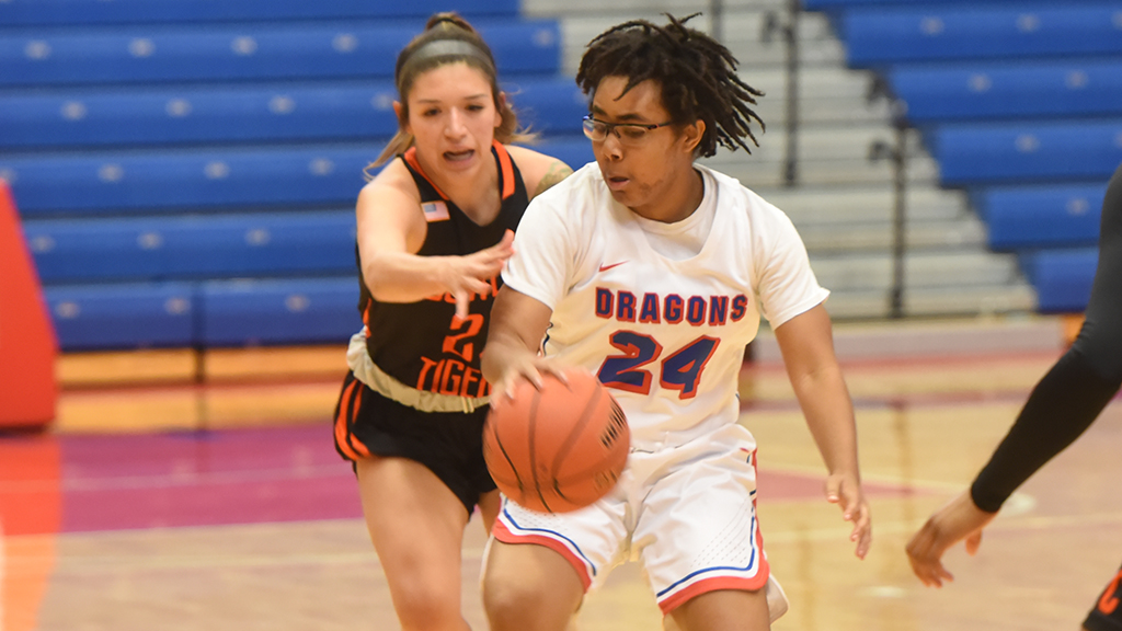 Tor'e Alford had career highs of eight 3-pointers and 26 points to lead the No. 20 Blue Dragon women to an 84-64 Region VI Tournament quarterfinal victory over Cowley on Wednesday at the Sports Arena. (Garrett Riehs/Blue Dragon Sports Information)