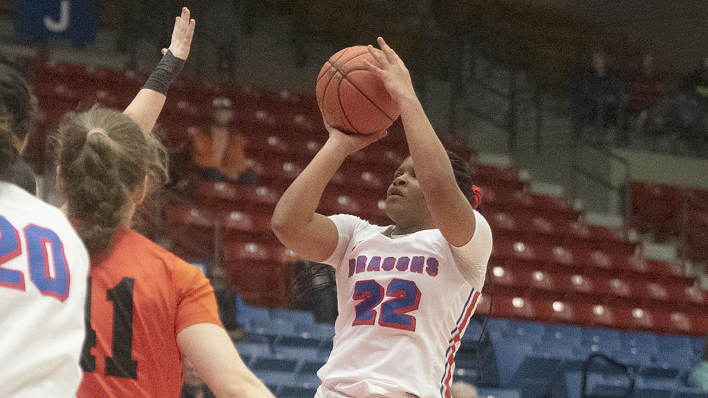 Mya Williams scores a career-high 31 points to lead the Blue Dragon women's basketball team to a 63-53 victory over the Cowley Tigers on Wednesday at the Sports Arena. (Sammi Carpenter/Blue Dragon Sports Information)