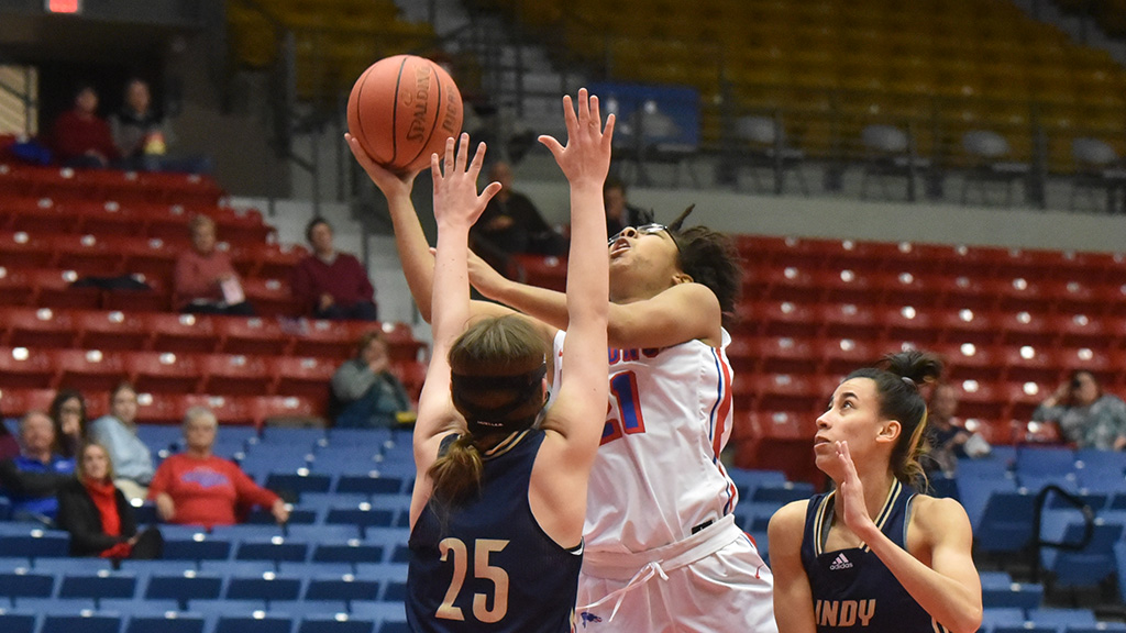Tor'e Alford had 26 points, 10 rebounds and five assists to lead the Blue Dragons to an 80-49 victory over first-place Independence on Monday at the Sports Arena (Sammi Carpenter/Blue Dragon Sports Information)