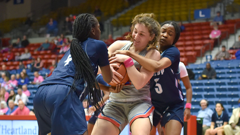 Natalie Payne worked hard on the board for seven offensive rebounds to help the No. 20 Blue Dragons to a 65-58 win on Friday at Butler. (Sammi Carpenter/Blue Dragon Sports Information)