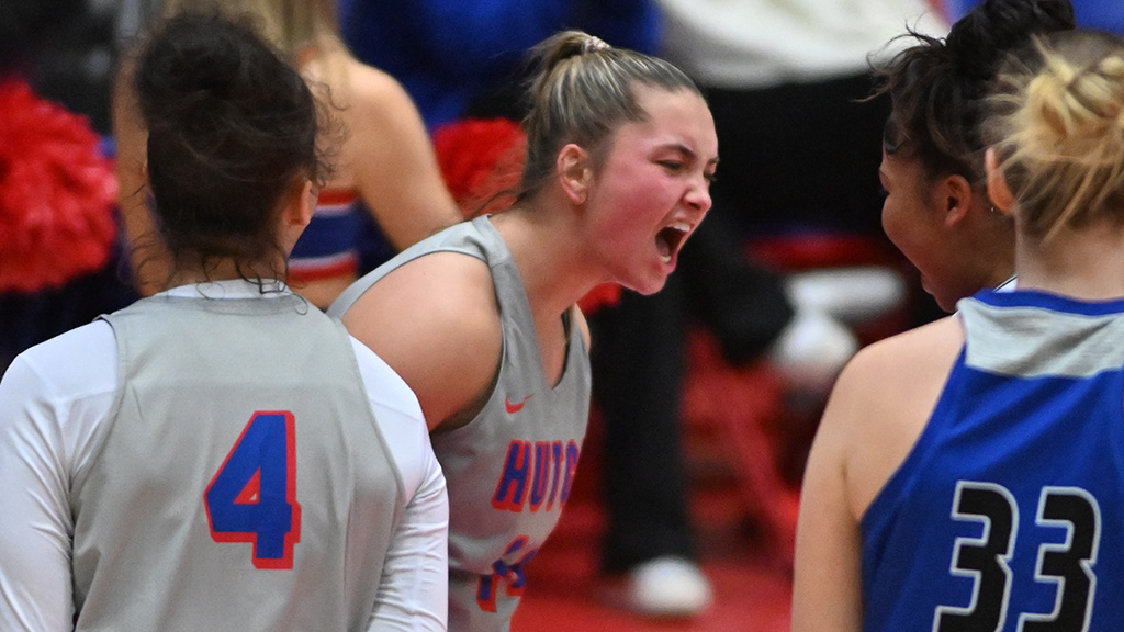 Bree Horyna reacts after scoring in the fourth quarter of No. 5 Hutchinson's 74-64 victory over the Barton Cougars on Wednesday night at the Sports Arena. (Andrew Carpenter/Blue Dragon Sports Information)