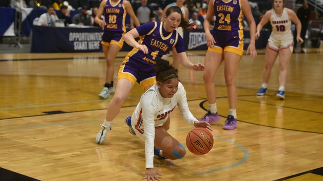 Kiki Smith battles for a loose ball in the second half of Hutchinson's 61-45 NJCAA national semifinal victory over Eastern Arizona on Saturday in Casper, WY. (Steve Carpenter/Blue Dragon Sports Information)