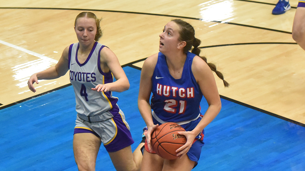 Brynne Katcher (21) posts her second double-double of the season to lead the No. 1 Blue Dragons to an 81-59 win over Redlands on Saturday at the Barton Classic in Great Bend. (Steve Carpenter/Blue Dragon Sports Information)