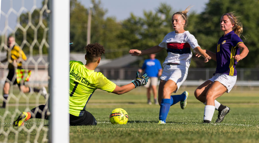 Brailey Moeder moves in to score one of her three goals on Wednesday in an 8-0 victory over Dodge City at the Salthawk Sports Complex. (Allie Schweizer/Blue Dragon Sports Information)