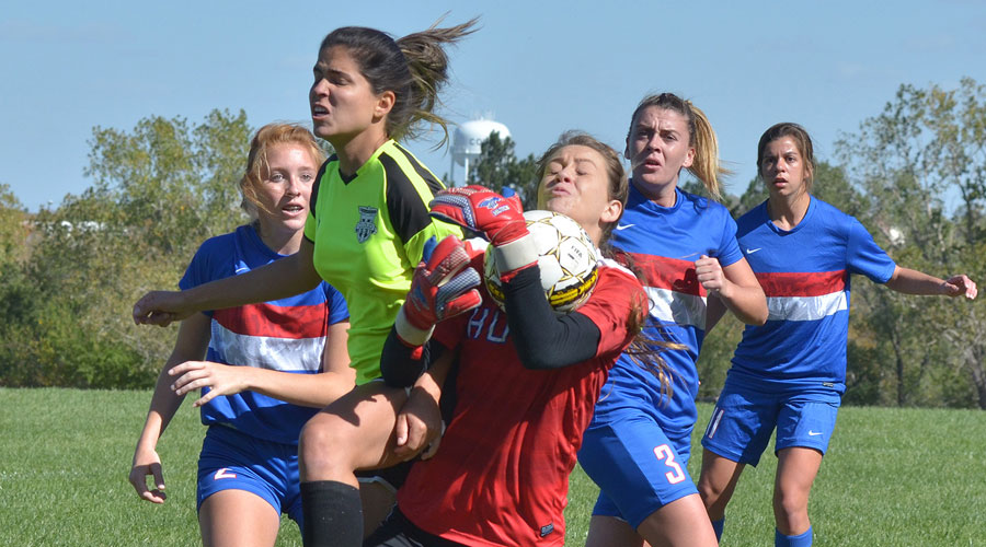 Blue Dragon goalkeeper Ashley Main makes a save on a Cloud County corner kick. The Blue Dragons lost to Cloud County 2-1 on Monday in Concordia. (Photo courtesy Jessica LeDuc/Cloud County Community College)