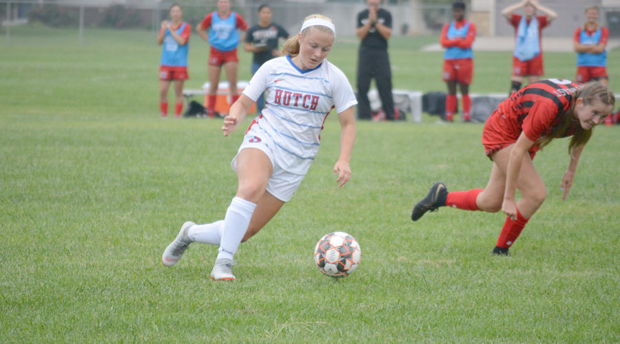 Brailey Moeder scored three goals to lead the Blue Dragons to an 11-0 victory over North Iowa Area on Saturday at the Salthawk Sports Complex. (Andrew Carpenter/Blue Dragon Sports Information)