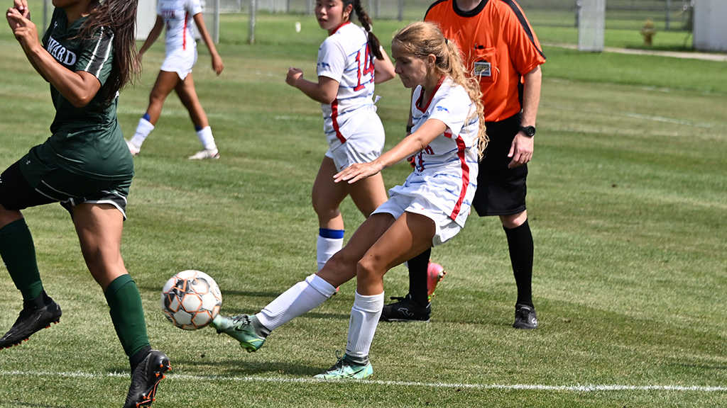Kaitlyn Edwards had two goals and an assist to lead the No. 18 Blue Dragons to a 5-0 victory over Seward County on Saturday at the Salthawk Sports Complex. (Andrew Carpenter/Blue Dragon Sports Information)