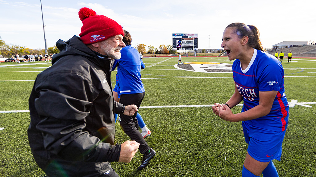 Head coach Sammy Lane and freshman Ana Pokrandt celebrate after the No. 14-ranked Blue Dragon women's soccer team's 2-1 victory over No. 11 Butler on Thursday in the semifinals of the Region 6 Tournament. (Photo courtesy Lathe Cobb/BCC Sports Information)