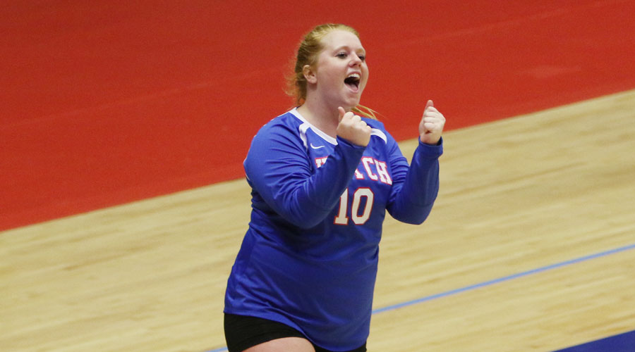 Kelsey Mulligan reacts as the Blue Dragon Volleyball team swept No. 6 Indian Hills on Friday in the Midwest Superstore/Blue Dragon Volleyball Classic at the Sports Arena. (Joel Powers/Blue Dragon Sports Information)