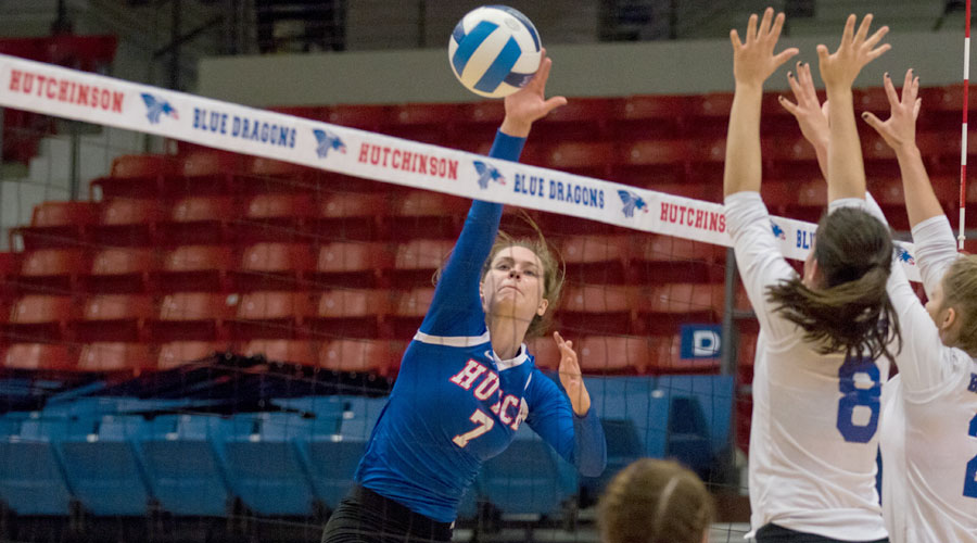 Page Hiebert had two milestone kills among her 13 to lead the Blue Dragon Volleyball team to a sweep of Pratt on Friday at the Sports Arena. (Allie Schweizer/Blue Dragon Sports Information)