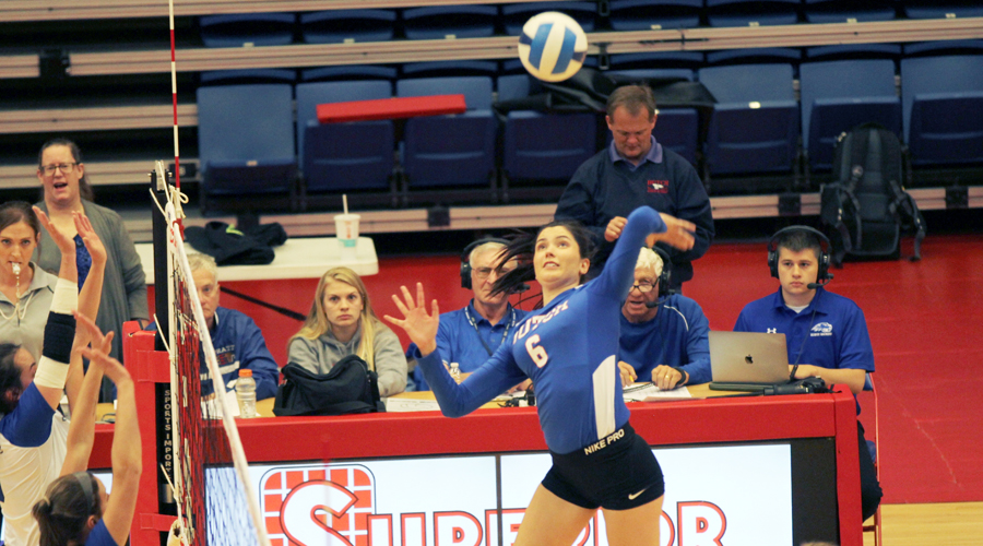 Elena Takova has a match-high 13 kills on .435 hitting to lead the Blue Dragons to a Region VI Tournament opening-round sweep of Pratt on Wednesday at the Sports Arena. (Bre Rogers/Blue Dragon Sports Information)