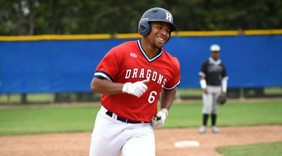 Zion Bowlin rounds the bases after his first career grand slam in the seventh inning of Game 2 of the Region VI Tournament Opening-Round series against Labette at Hobart-Detter Field. Bowlin had six RBIs in a 13-4 Blue Dragon victory. (Casey Bailey/Blue Dragon Sports Information)