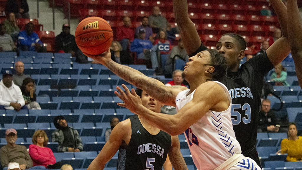 Angelo Stuart scores a team-high 22 points to help the Blue Dragons upend No. 6 Odessa 92-90 on Friday night at the BSN Sports Tipoff Classic at the Sports Arena. (Cassidy Smith/Blue Dragon Sports Information)
