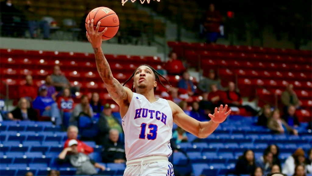 Angelo Stuart goes for a career-high 28 points as the No. 15 Blue Dragons rally from 20 points down in the final 7:40 to defeat Clarendon 97-95 in the Barton Cougar Booster Club Classic on Saturday at Great Bend. (Photo by Bob Hunter)