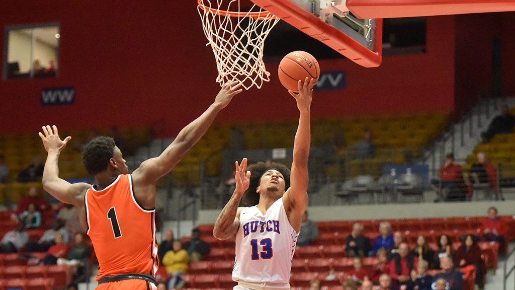 Angelo Stuart floats in for a layup during a second-half Blue Dragon comeback as Hutchinson defeats Cowley 76-75 on Wednesday at the Sports Arena. (Steve Carpenter/Blue Dragon Sports Information)