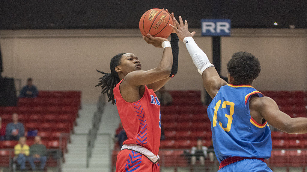Kobe Campbell provides a needed spark to lift the No. 10-ranked Blue Dragons to a come-front-behind 95-89 win over Barton on Wednesday at the Sports Arena (Andrew Carpenter/Blue Dragon Sports Information)