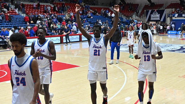 Tino Simon salutes the crowd as the Blue Dragon men's basketball team walks off the Sports Arena floor after a 91-69 NJCAA Tournament quarterfinal loss to Connors State on Wednesday at the Sports Arena. (Andrew Carpenter/Digital Fox Photography)