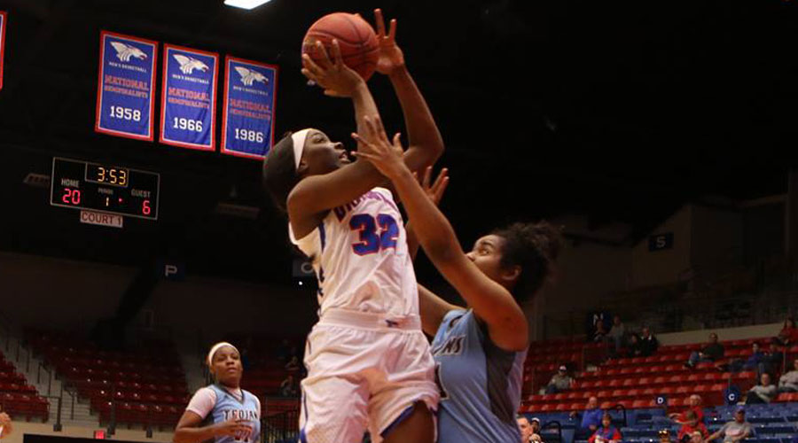 Jada Mickens had a double-double to lead the No. 12 Blue Dragons to a 73-59 victory at Garden City on Saturday in Garden City (Allie Schweizer/Blue Dragon Sports Information)