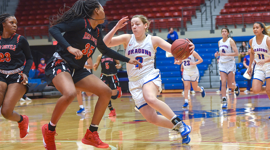 Abby Ogle posted a double-double with 23 points and a career-high 12 rebounds as No. 7 Hutchinson defeats Allen 81-51 on Saturday at the Sports Arena. (Nathan Addis/Blue Dragon Sports Information)