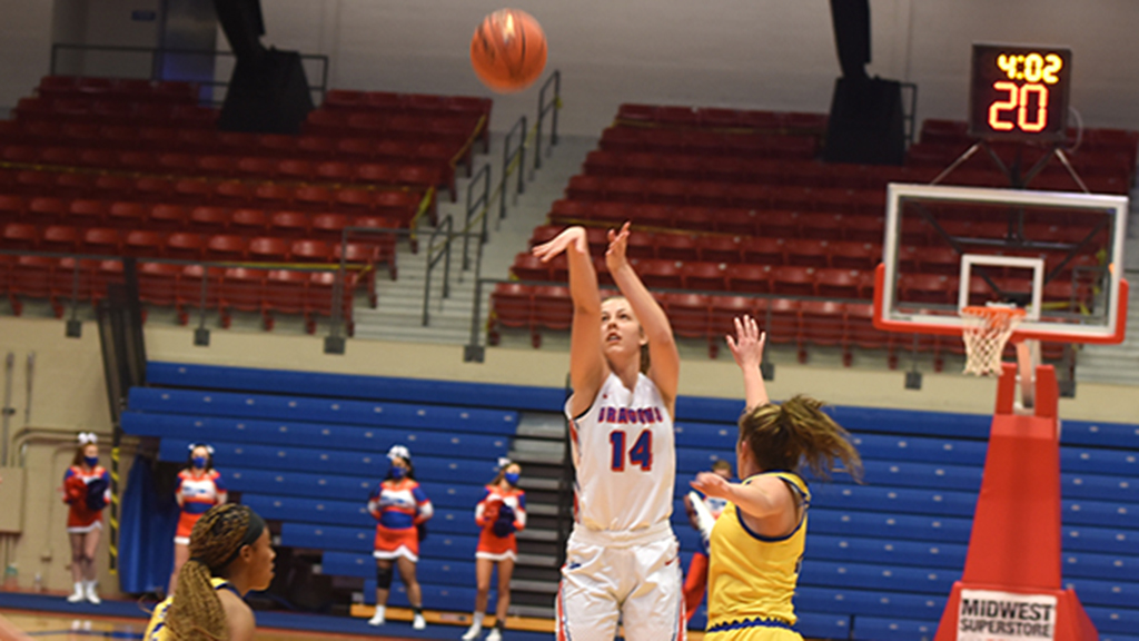 Sophomore Kate Ogle hits one of her career-high five 3-pointers to help the No. 17-ranked Blue Dragon women to tie single-game record with 16 3-pointers in a 92-34 win over the Bethany College JV on Friday at the Sports Arena. (Sammi Carpenter/Blue Dragon Sports Information)