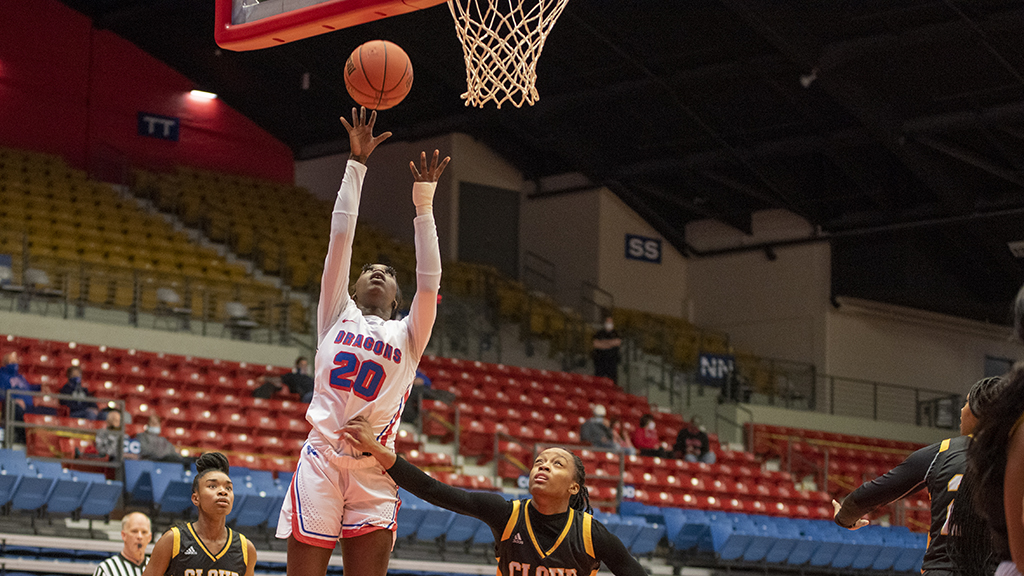 Forward Lojong Gore scored a career-high 17 points in the No. 11 Blue Dragons' 76-44 victory over Cloud County on Saturday at the Sports Arena. (Andrew Carpenter/Blue Dragon Sports Information)