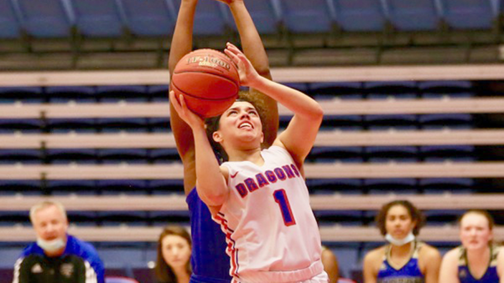 Yana Grassity and the Blue Dragon women fell 63-59 to the Barton Cougars on Wednesday night at the Sports Arena. (Photo by Bob Hunter)