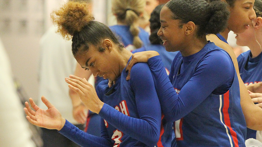 Journey Armstead celebrates after leading the No. 22 Blue Dragon women to a comeback from 10 points down in the final 3-plus minutes in a 72-70 win over No. 11 Dodge City on Saturday. (Billy Watson/Blue Dragon Sports Information)