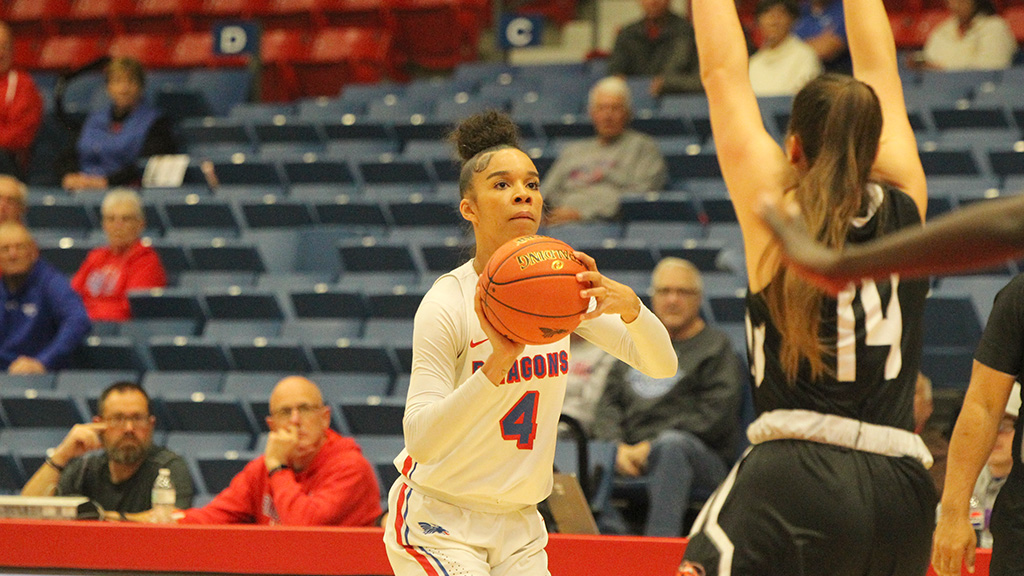 Hailey Jackson scores a career-high 26 points to lead the No. 11 Blue Dragon women to a 12-0 record in the first semester after a 72-47 victory over Cowley on Saturday at the Sports Arena. (Billy Watson/Blue Dragon Sports Information)