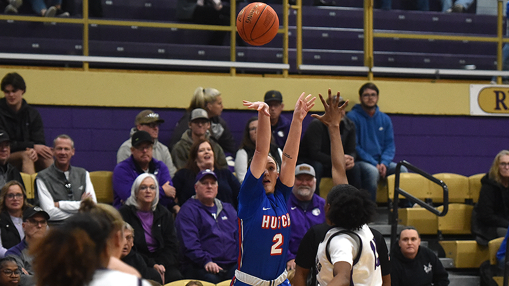 Peyton Mosley hits one of her four 3-point goals to score a career-high 16 points in No. 11 Hutchinson's 73-54 victory over No. 3 Butler on Wednesday night in El Dorado. (Steve Carpenter/Blue Dragon Sports Information)