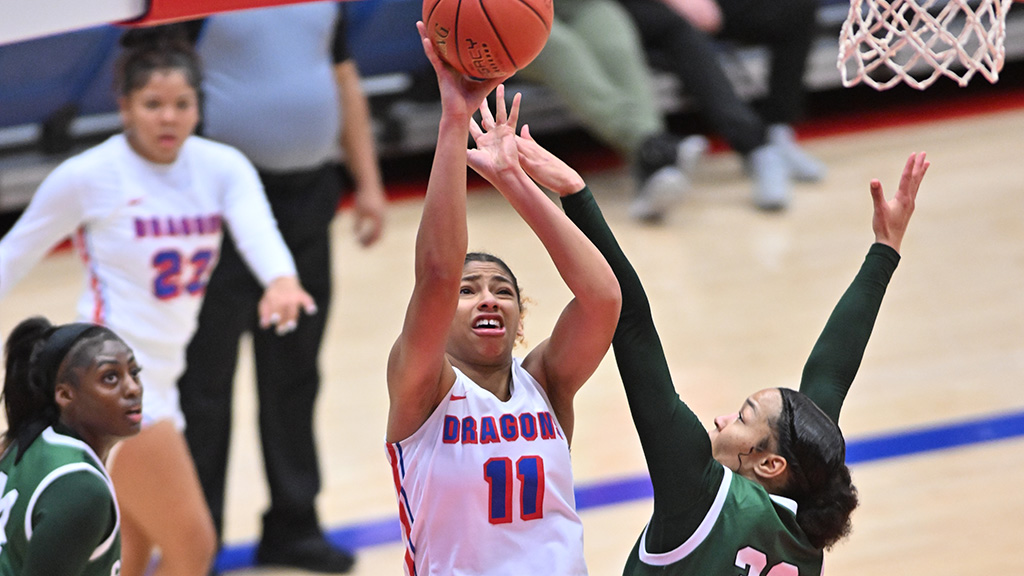Monae Duffy had her third double-double of the season with 16 points and 13 rebounds to lead the No. 6 Blue Dragon women defeat Seward County 69-53 on Wednesday at the Sports Arena. (Andrew Carpenter/Blue Dragon Sports Information)