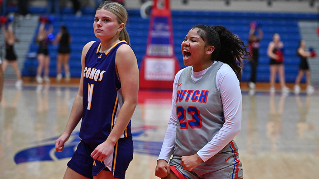 Kiki Smith reacts after scoring a career-high 29 points in No. 4 Hutchinson's 82-77 victory over No. 12 Dodge City on Wednesday at the Sports Arena. (Andrew Carpente/Blue Dragon Sports Information)