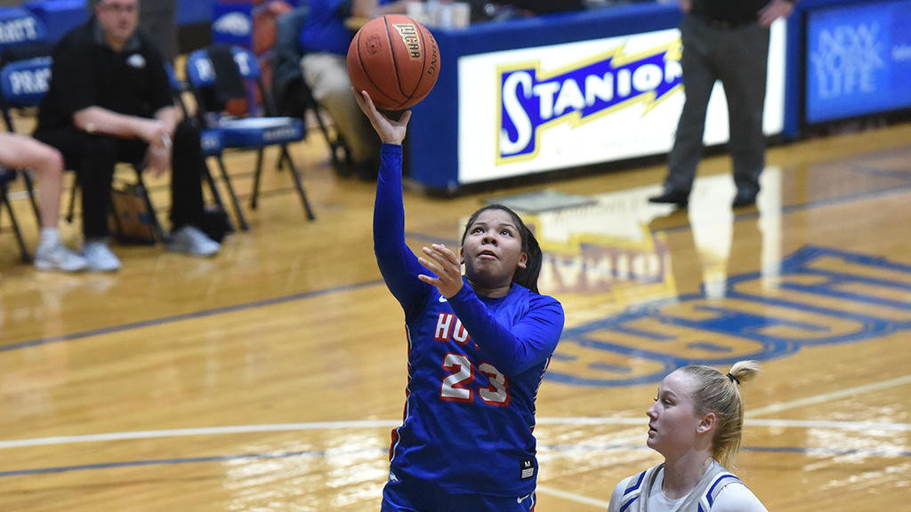 Kiki Smith scores two of her career-high 33 points in the No. 2 Blue Dragons' 92-62 victory over the Pratt Beavers on Wednesday at Pratt. (Billy Watson/Blue Dragon Sports Information)